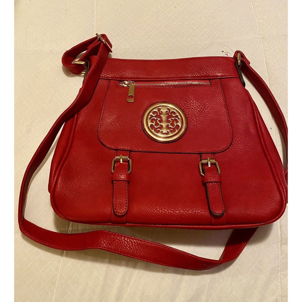 Gold tone Medallion Cross Body Messenger Bag Red NWT
